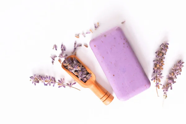 Handmade organic lavender soap with Dried organic lavender on wh