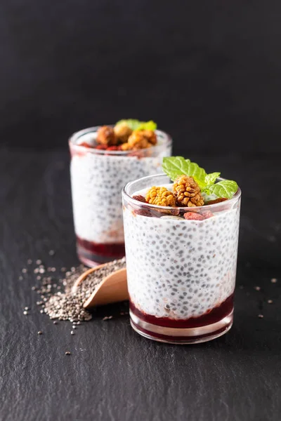 Healthy food concept Chia seeds, milk pudding with goji, white m