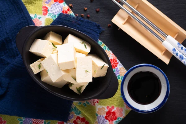 Sano Concetto Cibo Asiatico Tofu Organico Tazza Ceramica Nera Con — Foto Stock