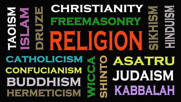 Religion concept word cloud on black  background.