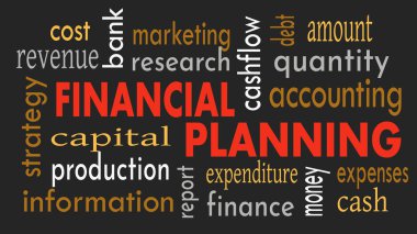 Finansal planlama, karanlık arka planda kelime bulutu konsepti. Görüntü 