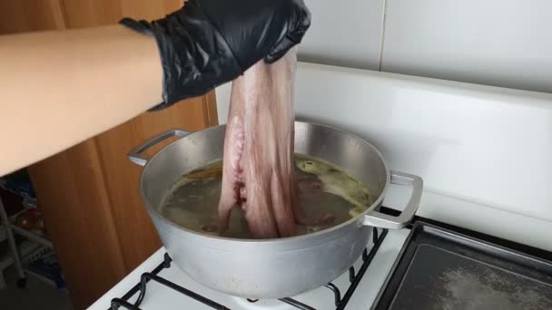 Τρόμος Και Χταπόδι Μαγειρεύουν Τεχνική Βρασμού Παραλίγο Βράσει Χταπόδι Κατσαρόλα — Αρχείο Βίντεο