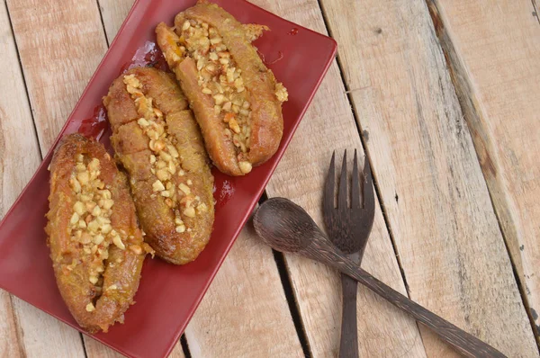 Sanggara Tellemme Indonesian Traditional Cake Fried Bananas Peanuts Sauce Sugar — Stock Photo, Image