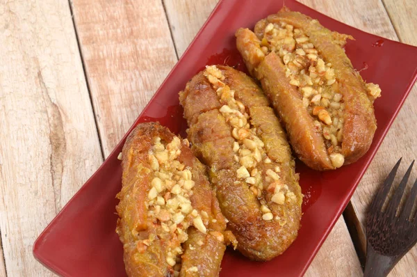 Sanggara Tellemme Indonesian Traditional Cake Fried Bananas Peanuts Sauce Sugar — Stock Photo, Image