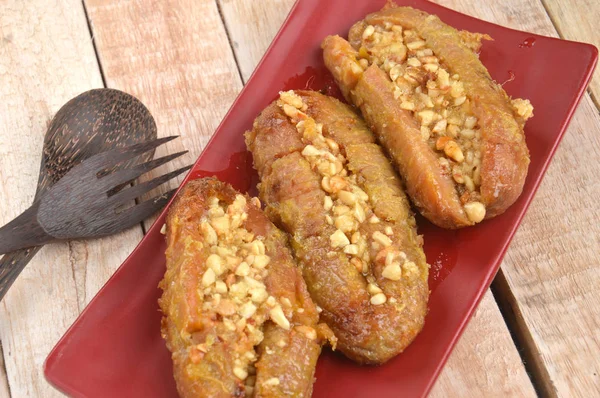 Sanggara Tellemme Indonesian Traditional Cake Fried Bananas Peanuts Sauce Sugar — Stock Photo, Image