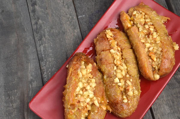 Sanggara Tellemme Indonesian Traditional Cake Fried Bananas Peanuts Sauce Sugar — Stock Photo, Image