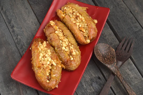 Sanggara Tellemme Indonesian Traditional Cake Fried Bananas Peanuts Sauce Sugar — Stock Photo, Image