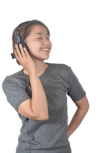 Asiático niñas disfrutar de la música usando auriculares — Foto de Stock