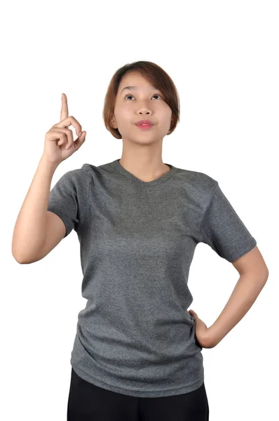 Asian girl points her index finger — Stock Photo, Image