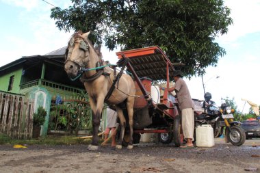 BARRU - INDONEZYA, 17 NİSAN 2013, temiz su bidonları taşıyan at arabası