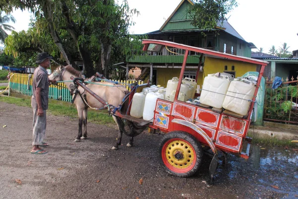 Barru Indonésia Abril 2013 Carruagem Cavalos Transportando Latas Água Limpa — Fotografia de Stock