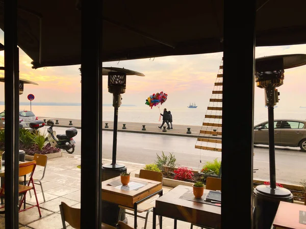 Thessaloniki Greece 2018 View Cafe Window Promenade — Stock Photo, Image