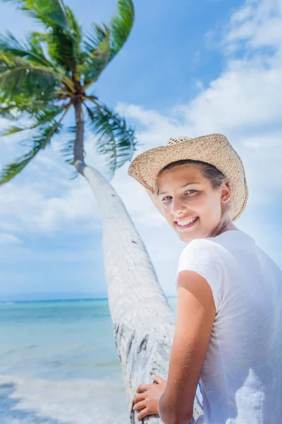 Summer Lifestyle Portrait Pretty Happy Young Girl Smiling Sitting Palm Stock Photo