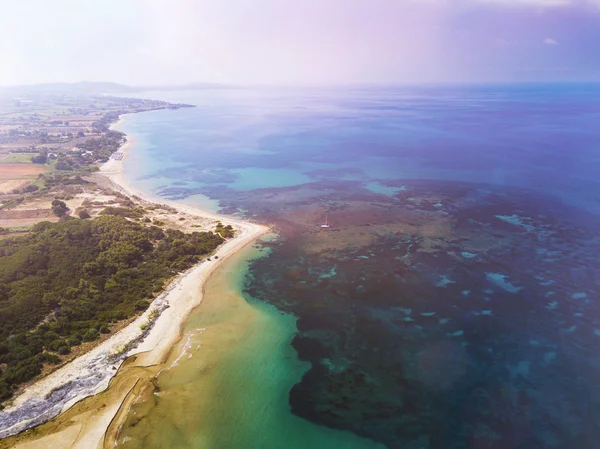 Panoramic top view of a coastal line. Aerial drone birds eye view photo. — Stock Photo, Image