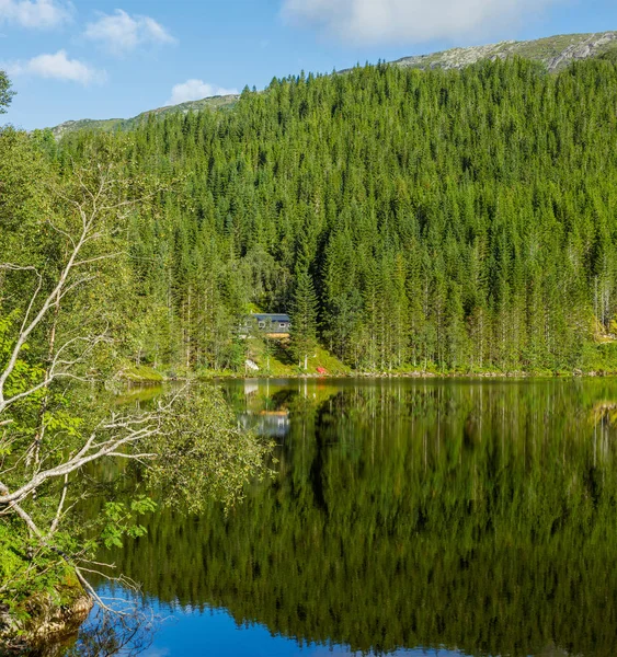 Amazing nature view with fjord and mountains. Beautiful reflection. — Stock Photo, Image