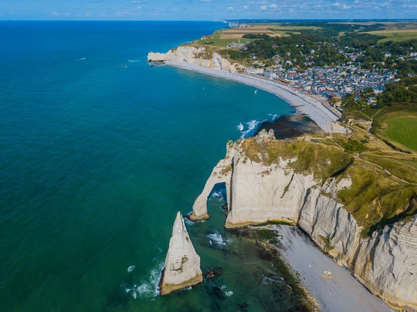 Aerial drone photo of the pointed formation called LAiguille or the Needle and Porte dAval at Etretat, north western France — Stock Photo, Image