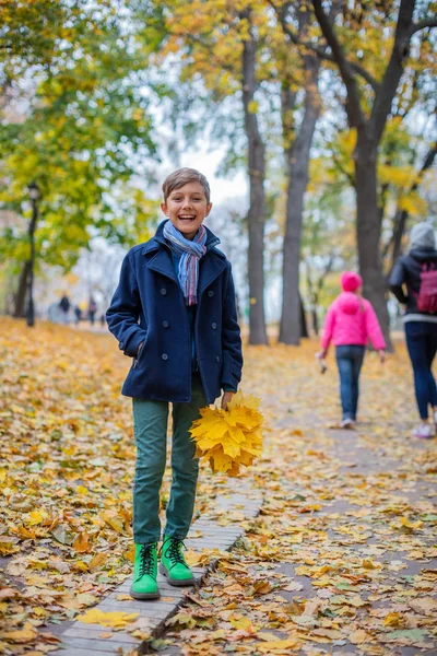 Vackra barn pojke i höstens natur — Stockfoto