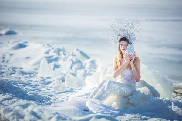 Młody model w luksusowy gorset bez ramiączek suknia balowa siedzi na płyty o podziale lód mroźny nad morzem. Koncepcja bajki zimowe. Obraz Stockowy