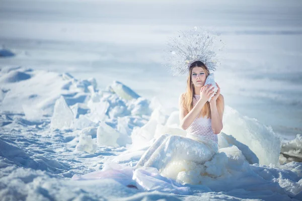 Modelo jovem em luxuoso vestido de baile de espartilho strapless sentado em lajes de gelo quebrado à beira-mar gelado. Conceito de conto de fadas de inverno . Imagem De Stock