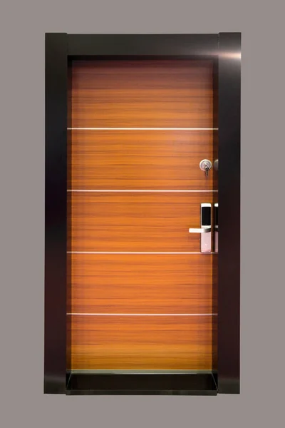 Moderní Dřevěné Přední Dveře Elektronický Bezpečnostní Zámek Ocelové Dveře — Stock fotografie