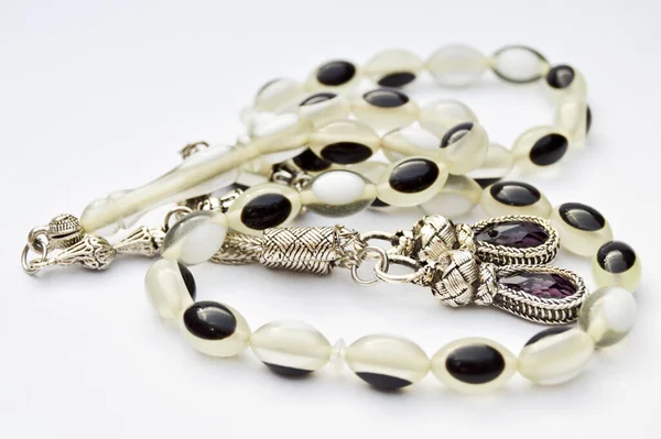 Perles Blanches Argentées Noires Séquencées Chapelet Court Tespih Tesbih Accessoire — Photo
