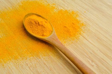 Bambu ahşap arka planda ahşap kaşıkta taze zerdeçal tozu.