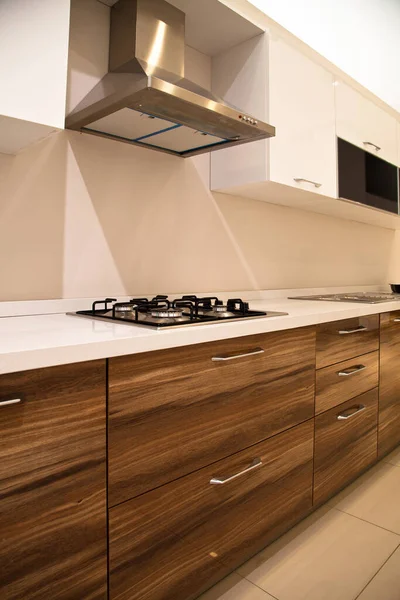 Interior Modern Kitchen Equipment White Walnut Cabinets — Stock Photo, Image