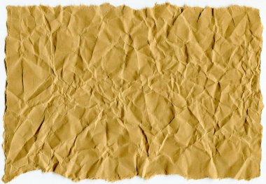 Kahverengi ve bej renkli buruşuk karton detaylar, arka plan olarak karton kağıt dokusu, beyaz arkaplanda izole edilmiş.