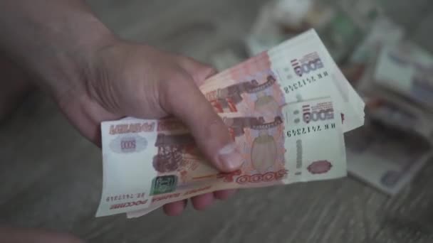 View of a male hands Counting Many Russian rubles, Slow Motion — Stock Video