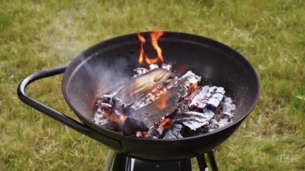 Barbecue au charbon de bois dans la cour est flamboyant — Video