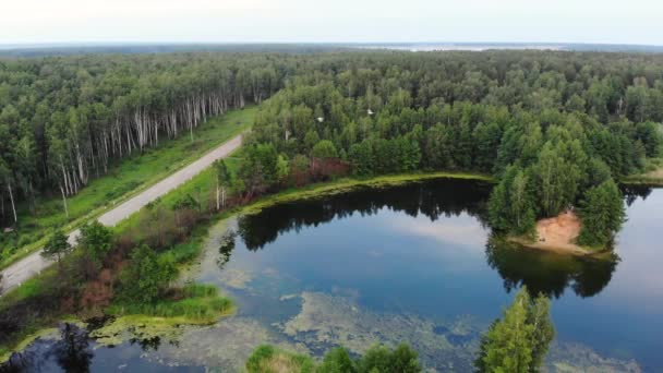 Luchtfoto beweging boven blauw vijver in de buurt van het land weg en vogels koppel vliegt over de vijver, Rusland — Stockvideo