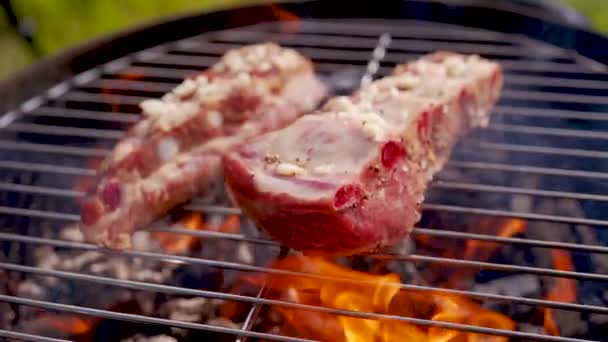 Filete a la parrilla. Costillas en parrilla barbacoa. Cocinar costillas de cerdo a la parrilla en llamas — Vídeos de Stock