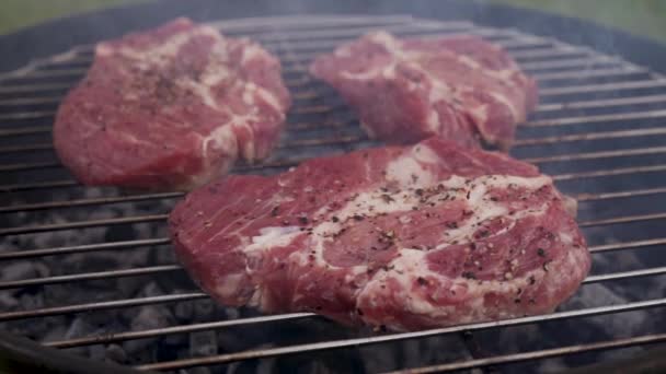 Cottura succosa carne cruda bistecche sulla griglia Bbq — Video Stock