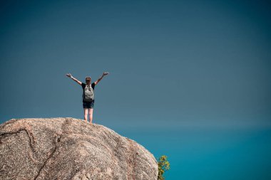 Mavi deniz manzarası üzerinde dağın tepesinde duran kız