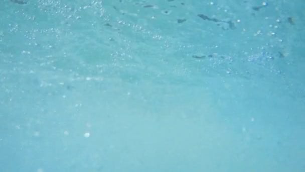 Bajo el mar, superficie del agua, mar azul, burbujas — Vídeos de Stock