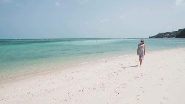 Mujer en vestido y gafas de sol caminando en la playa — Vídeo de stock