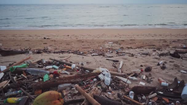 Pollution sur la plage de la mer tropicale. — Video