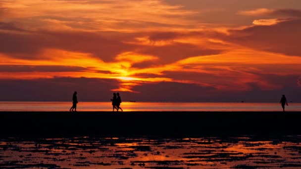 Gente caminando por la playa al atardecer — Vídeos de Stock