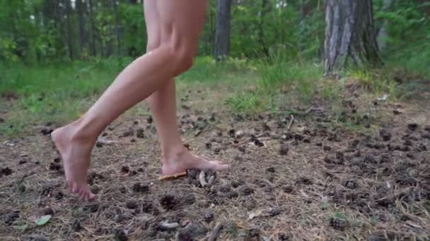 Wanita berjalan tanpa alas kaki di hutan — Stok Video