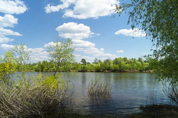 背景青空の白い雲との時間の長さで春川の風景 — ストック写真