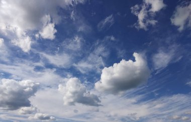 Mavi gökyüzü ve beyaz bulutlu arka plan. İlkbahar uzunluğunda göksel manzara