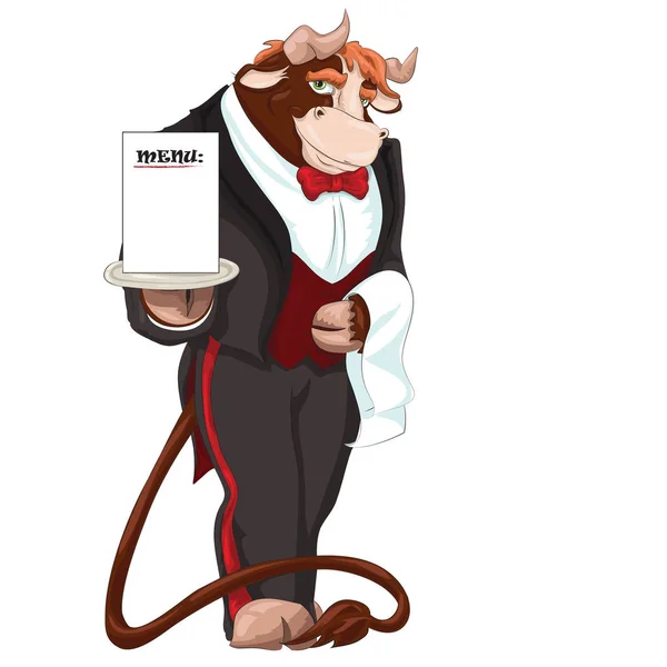 Vector Illustration Bull Tuxedo Waiter Holding Tray Menu Inviting Restaurant Royalty Free Stock Vectors