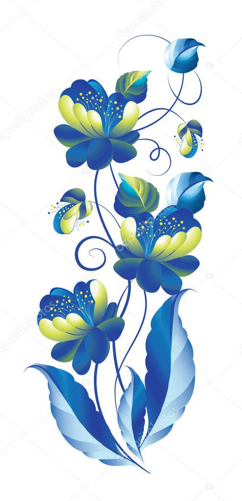 Traditional Russian Ural-Siberian painting of blue flowers