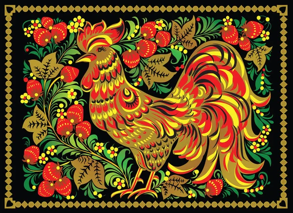 Traditional Khokhloma Painting Cock Strawberries Graphic Painting Gold Ornaments Black — Stock Vector