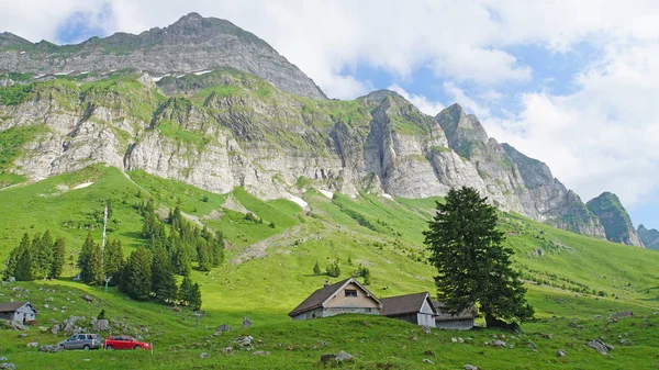 Alpstein 地块在瑞士山区 绿色山草甸与小茅屋 蓝蓝的天空和洁白的云朵 — 图库照片