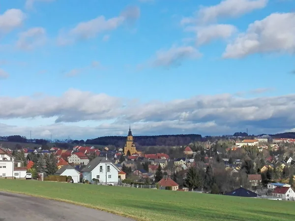 View Saxon Small Town Oederan Germany Striking Church Center Houses — Stock Photo, Image