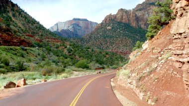 Zion Mt. Carmel Karayolu Utah Zion Milli Parkı' nda dağlar ve kaya masifleri ile yol açar, Amerika Birleşik Devletleri'nde sahne