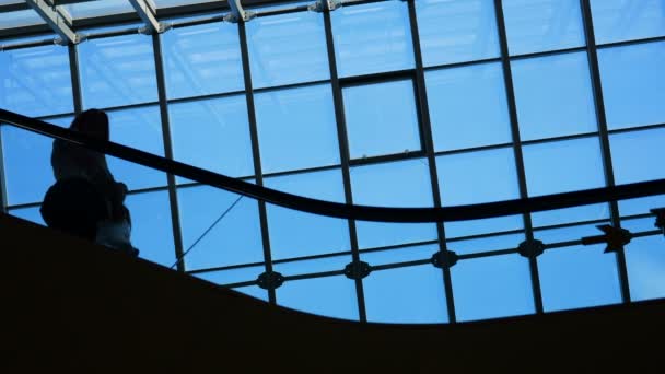 Modern glass building and moving silhouettes of business persons on escalator — Stock Video