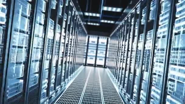 Serveurs réseau et de données derrière des panneaux de verre dans une salle de serveurs d'un centre de données