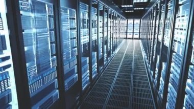 Modern veri merkezi bulut bilişim Datacenter odasında sunucular raflar Walkthrough